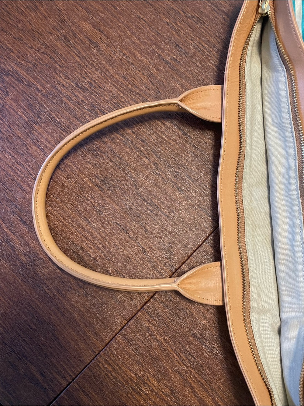 Tory Burch Turquoise and White Striped Canvas Tote with Tan Leather Trim - Picture 8 of 12